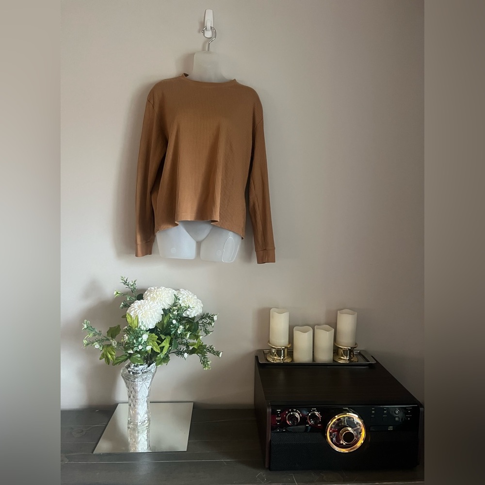 KOTN 100% Egyptian cotton tan crew neck long sleeve tee
